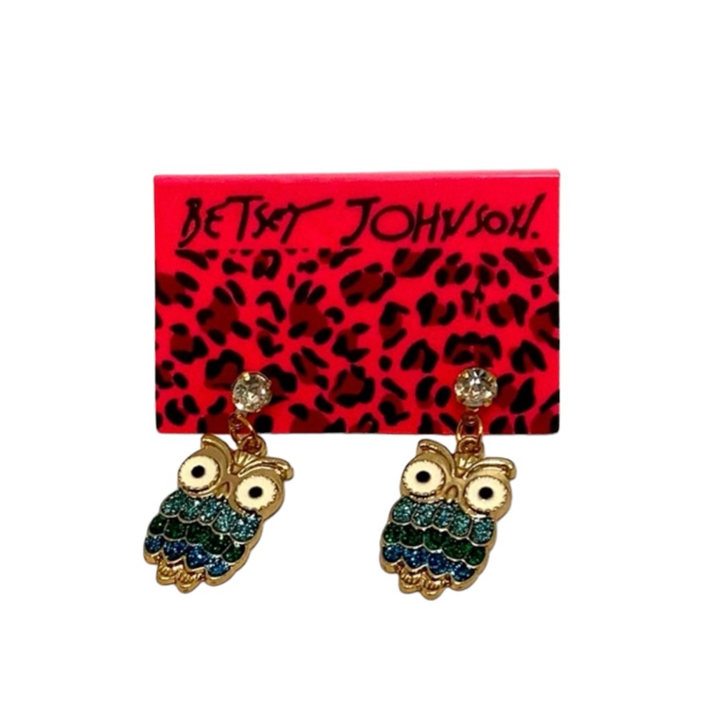 💚 Betsey Johnson Green Enamel Owl Earrings